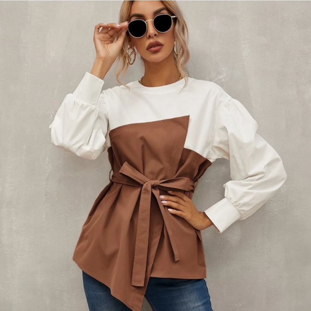 Contrast Cream and Brown Tie-Waist Blouse
